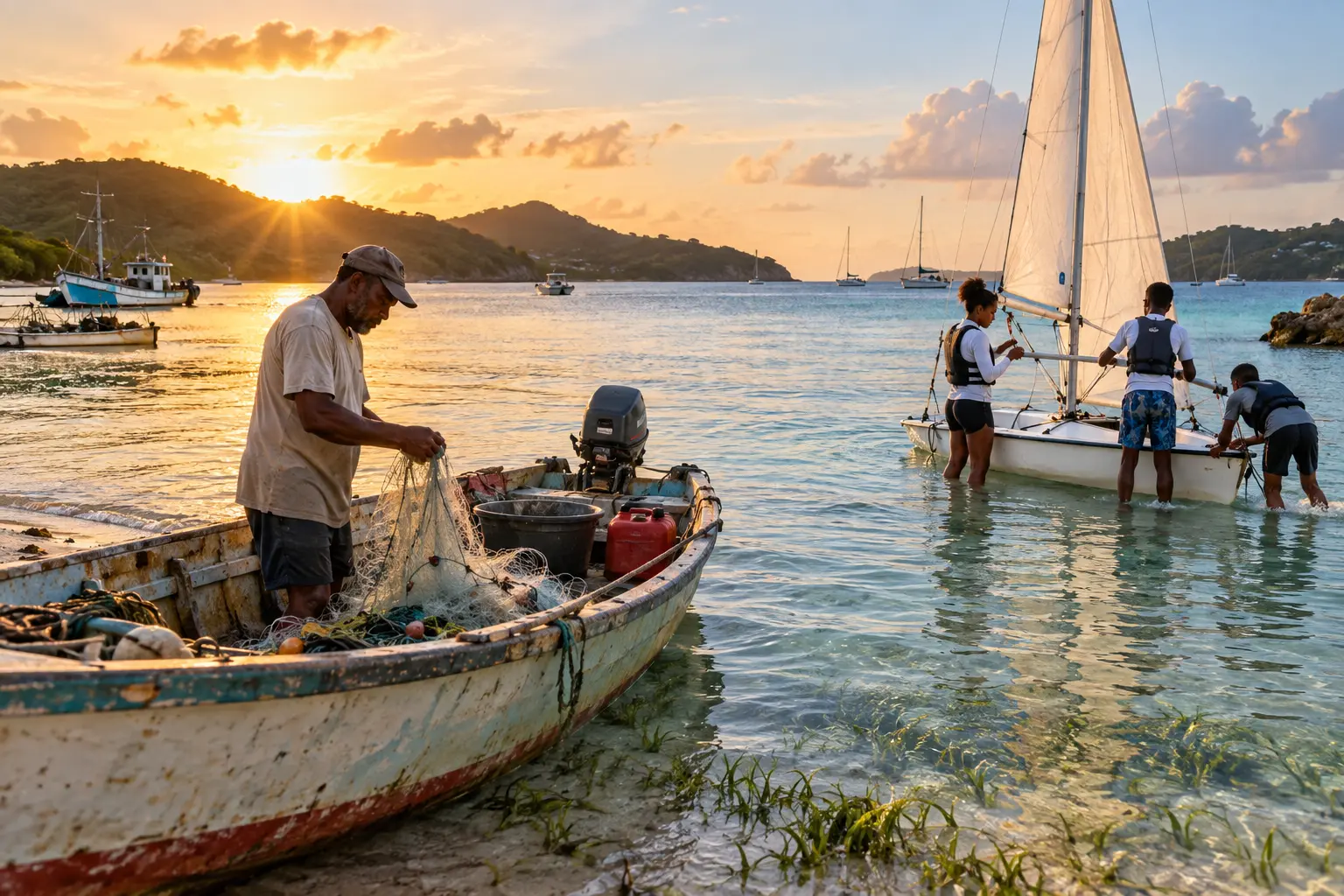 An Antiguan fisher and young sailors preparing boats at sunrise