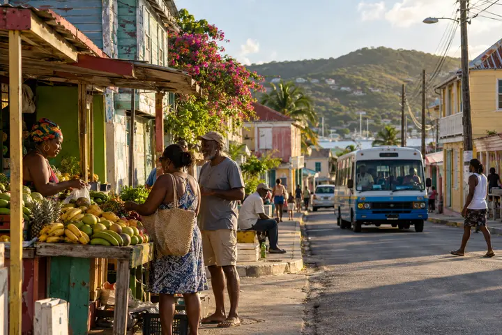 A lively Antiguan village street with residents, a fruit stall and local transport