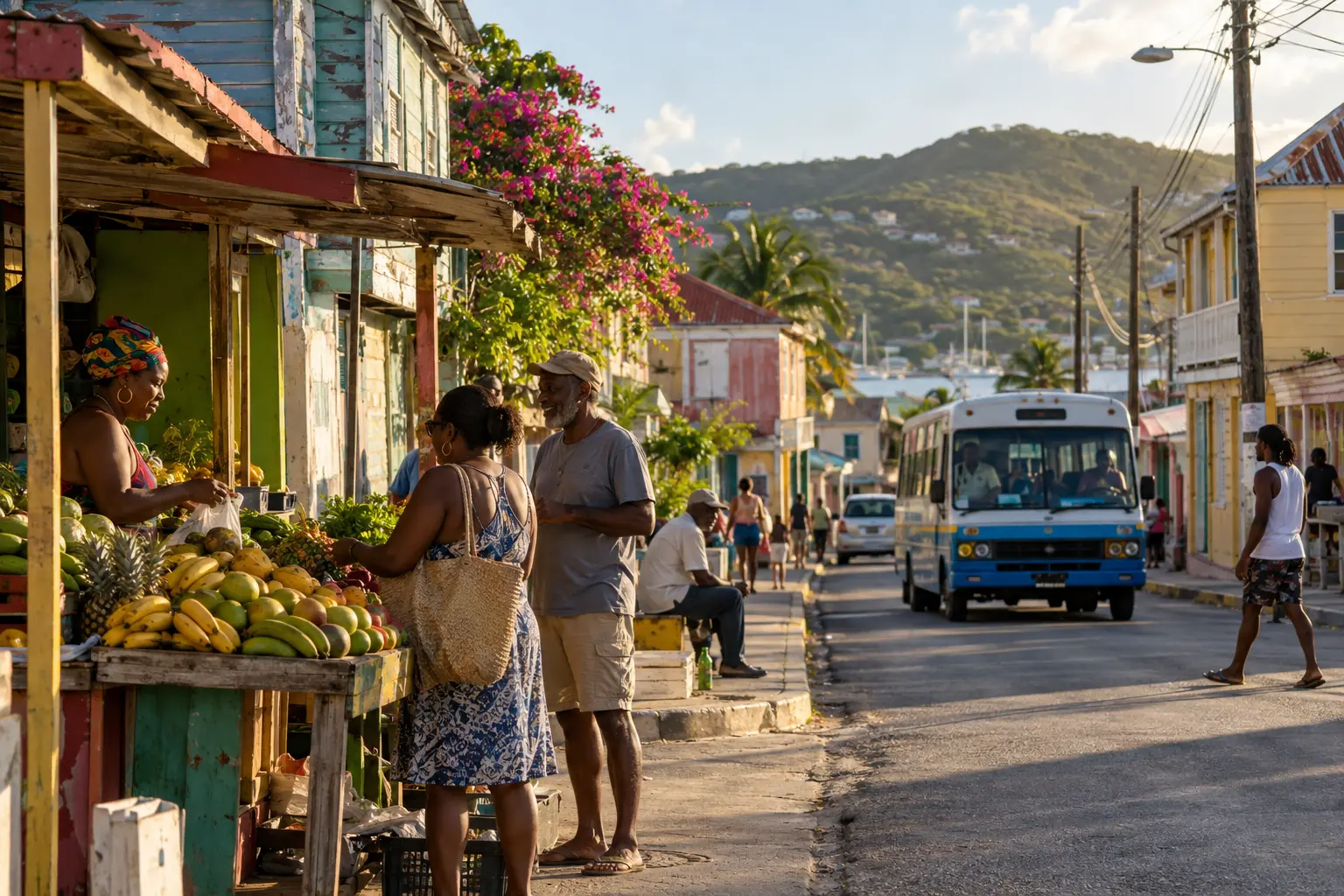 A lively Antiguan village street with residents, a fruit stall and local transport