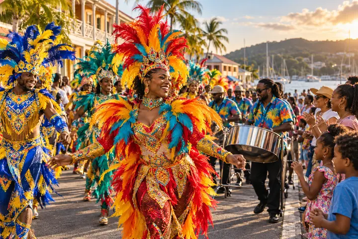 Masqueraders, steel pan musicians and families enjoying Antigua Carnival