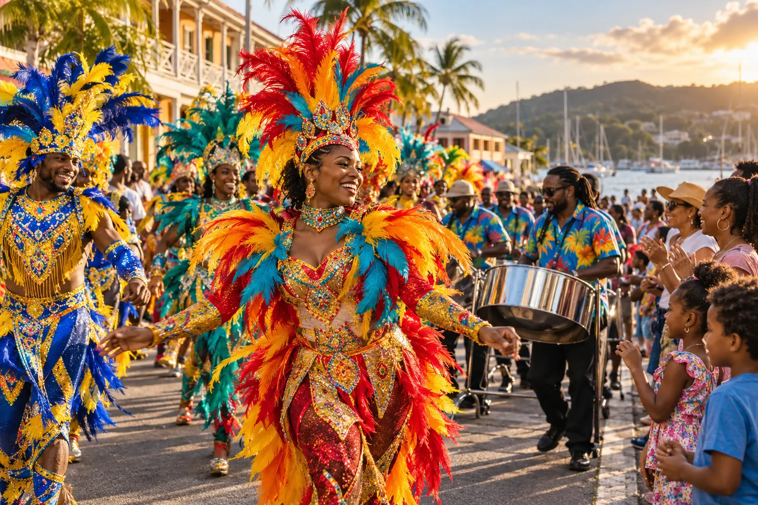 Masqueraders, steel pan musicians and families enjoying Antigua Carnival