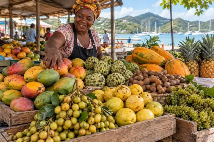 An Antiguan market vendor arranging mangoes, sugar apples, tamarind and other local fruit