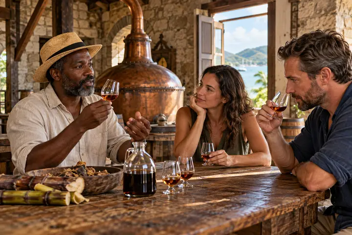 An Antiguan host guiding adult visitors through a responsible rum tasting