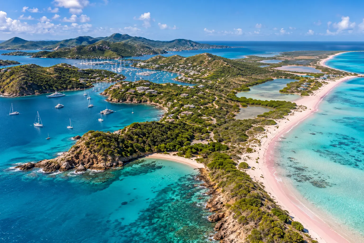 Contrasting aerial view inspired by Antigua’s hilly harbours and Barbuda’s low pink-sand coast