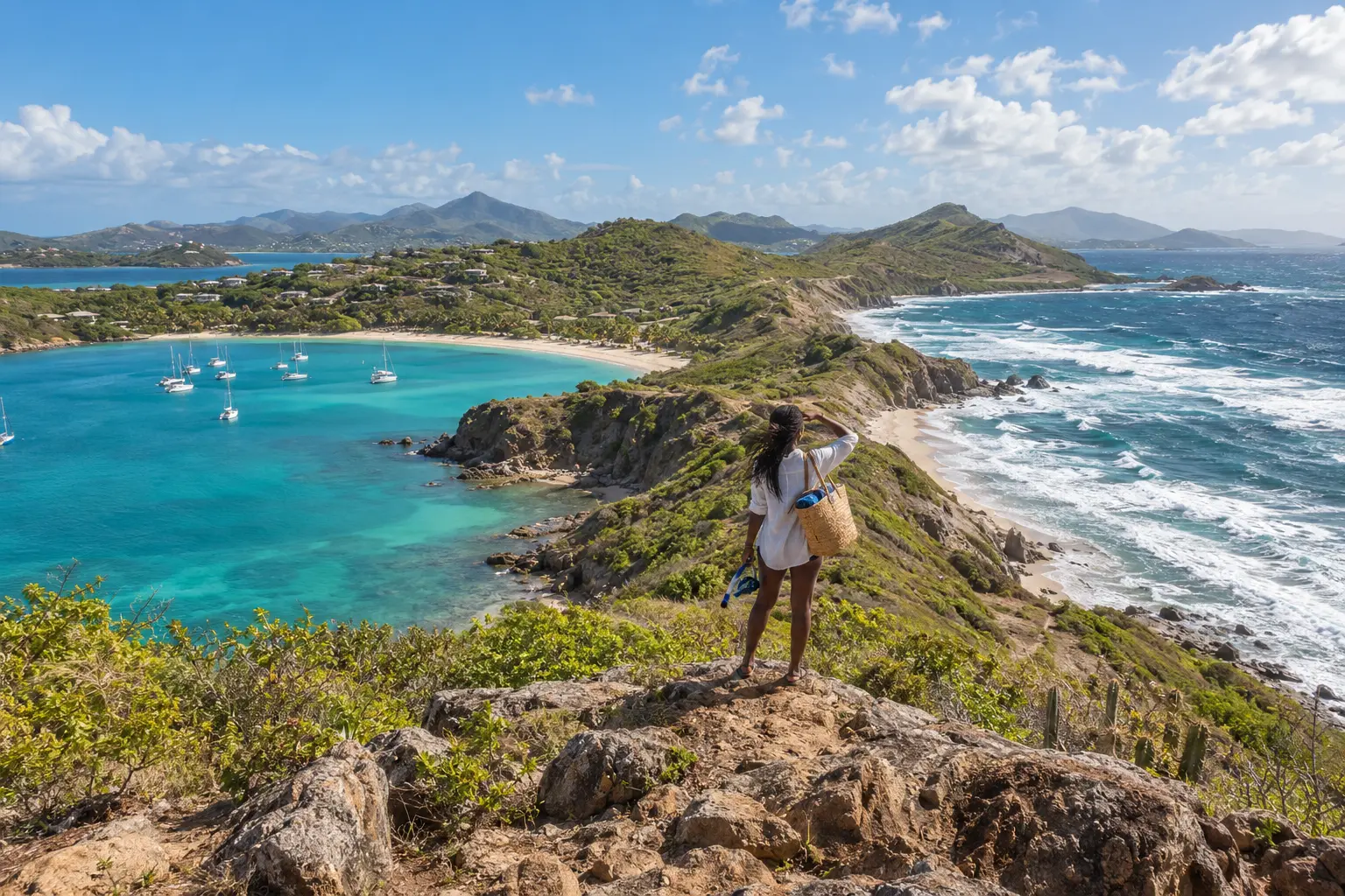 A local assessing a calm bay and a windier exposed coast before choosing an Antigua beach