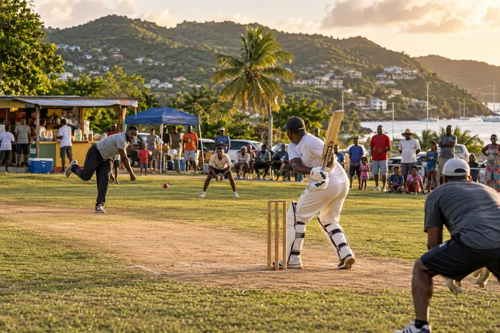 A lively community cricket match on a local field in Antigua