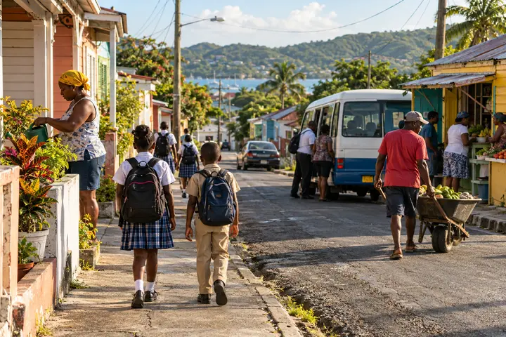 Children, commuters and vendors beginning an ordinary weekday in an Antiguan village
