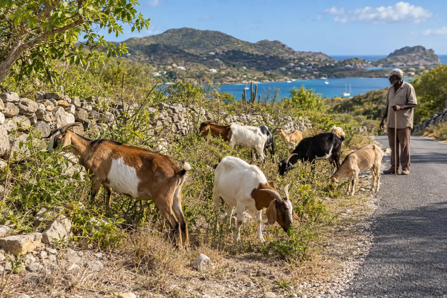 Goats grazing beside a dry-stone wall and quiet road in Antigua