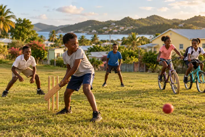 Antiguan children playing cricket and riding bicycles after school
