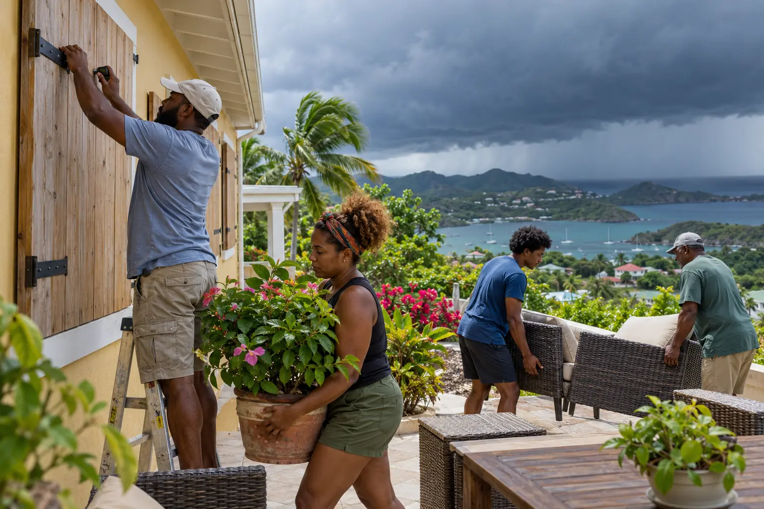 Antiguan neighbours calmly securing a home before tropical weather