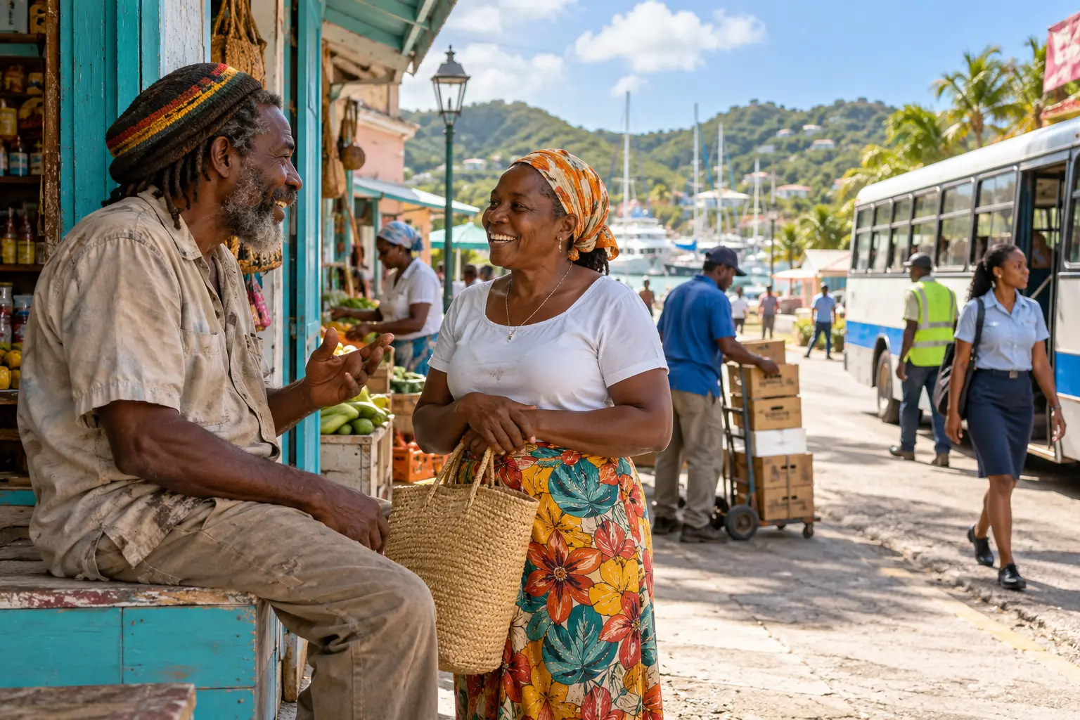 Two Antiguans talking outside a village shop while daily work continues nearby