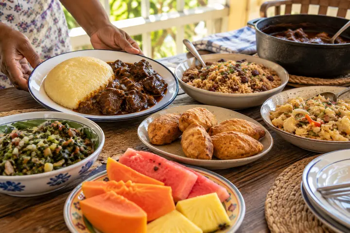 A home-style Antiguan lunch with local dishes served on a shaded veranda