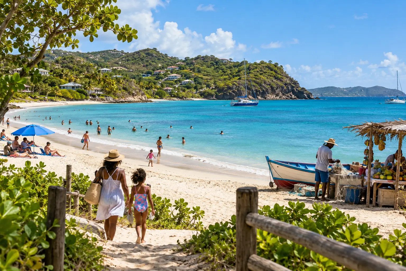 Local families and visitors sharing a publicly accessible beach in Antigua