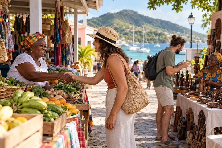 A visitor greeting an Antiguan market vendor before making a purchase
