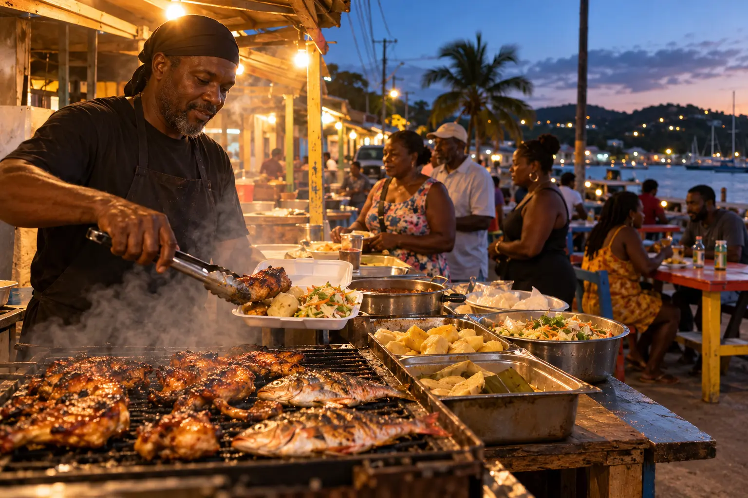 An Antiguan cook serving grilled food at a busy roadside stand after sunset