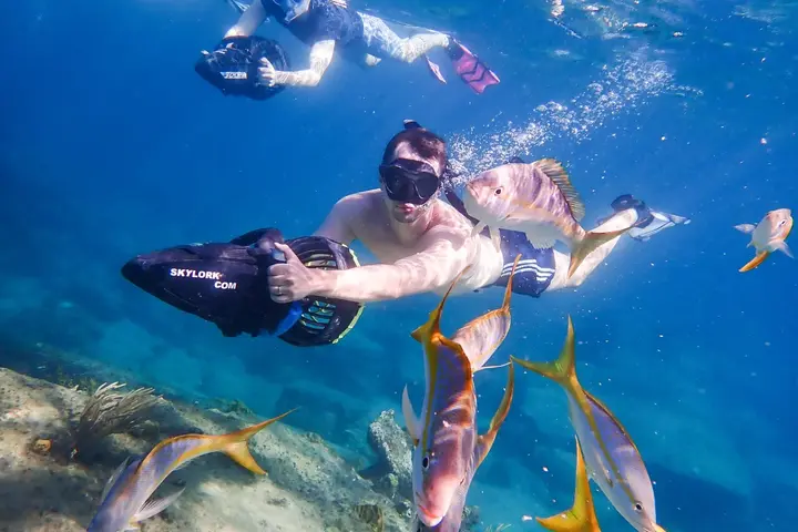 Guest using a powered sea scooter among reef fish