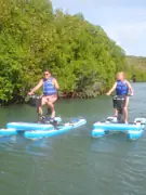Two Sea Cycle riders beside a green shoreline