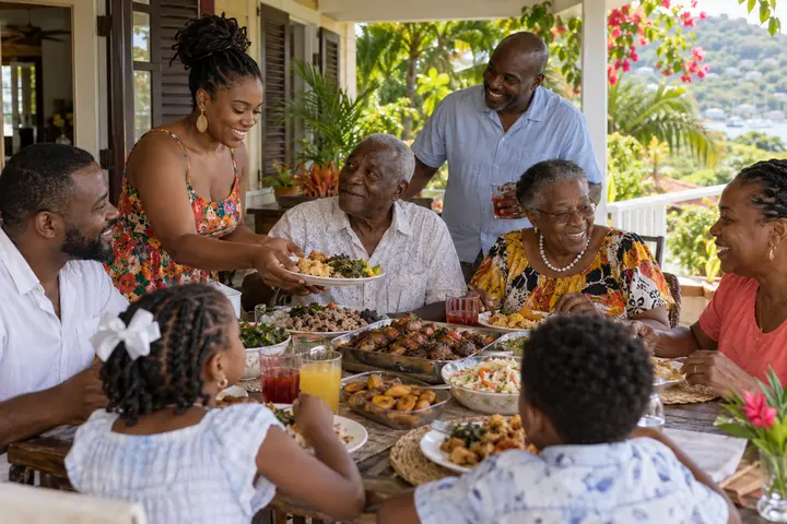 A multigenerational Antiguan family sharing Sunday lunch on a veranda