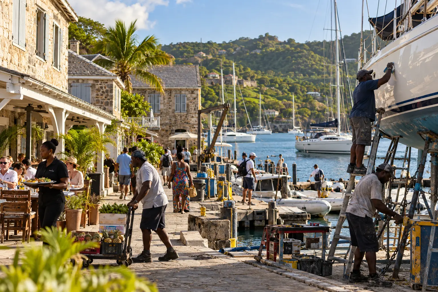Heritage buildings, yacht workers, residents and visitors sharing the English Harbour waterfront