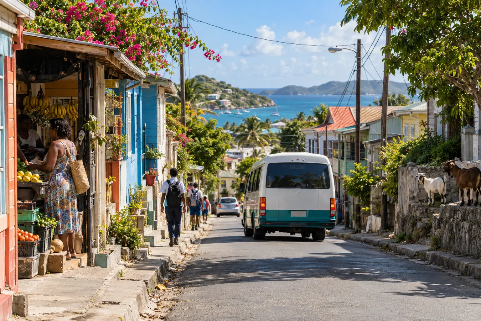 An ordinary Antiguan village street with residents, a bus, a shop and the sea beyond